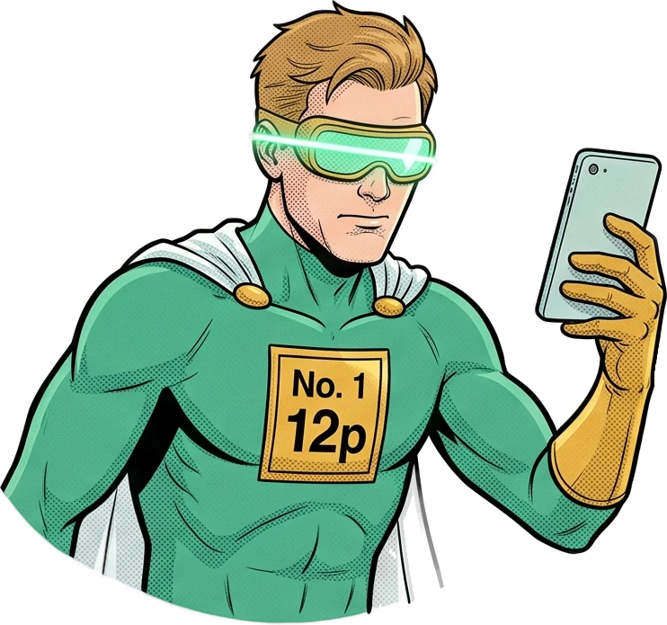 The Mint Menace, in a mint suit with a gold 12p corner box on his chest, holds up his phone, goggles glowing.
