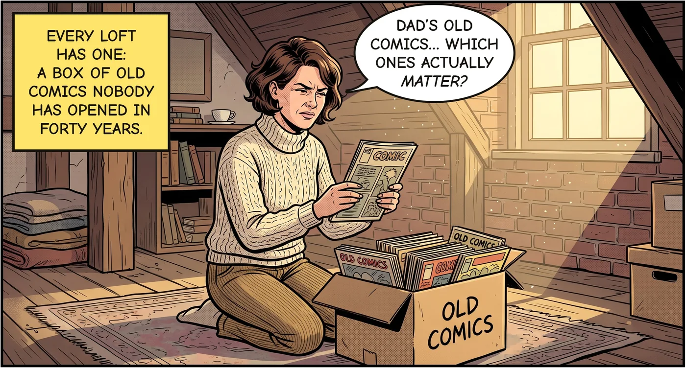 Panel 1. In a loft, a woman kneels by a box of old comics, holding one up, puzzled. Caption: "Every loft has one: a box of old comics nobody has opened in forty years." The woman: "Dad's old comics... which ones actually matter?"
