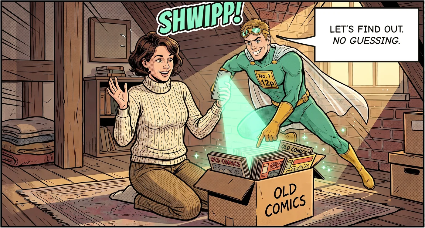 Panel 2. A mint scan line bursts from her phone and the Mint Menace springs up beside the box, pointing at it. SHWIPP! The Menace: "Let's find out. No guessing."
