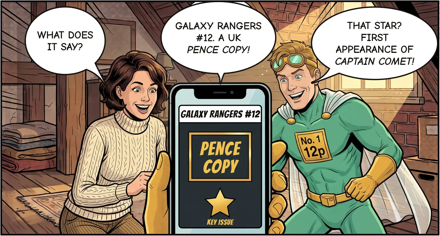 Panel 4. The phone's result card, drawn large: Galaxy Rangers number 12, a pence copy badge and a key issue star. The woman and the Mint Menace grin. The woman: "What does it say?" The Menace: "Galaxy Rangers No. 12. A UK pence copy!" The screen reads Pence copy, Key issue. "That star? First appearance of Captain Comet!"