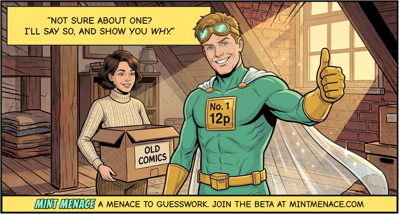 Panel 6. The Mint Menace faces the reader with a thumbs-up; behind him the woman holds the box of old comics and smiles. The Menace: "Not sure about one? I'll say so, and show you why." Footer: Mint Menace, a menace to guesswork. Join the beta at mintmenace.com.